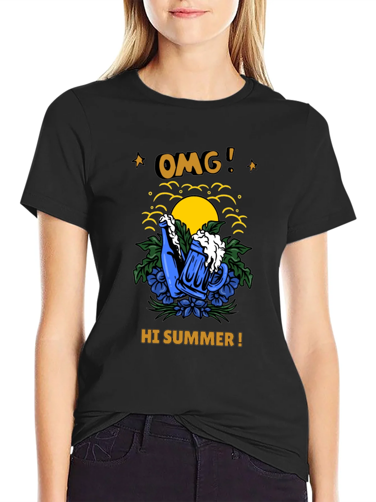 OMG! Hi Summer T-Shirt - Beer Mug & Sunset Graphic Tee